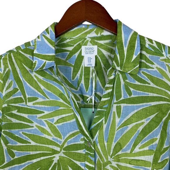 New Sigrid Olsen Linen Shirt Blue Green Leaf Print Button Front Women's M - Picture 2 of 7